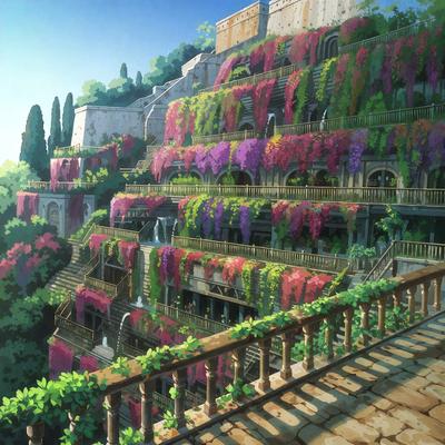 Primary subject: A large, colorful building with many windows and a balcony.

Setting/background: The building is situated on a hillside, surrounded by a lush garden with many flowers and greenery.

Visual style: The image is a digital art or illustration, featuring a vibrant and detailed depiction of the building and its surroundings.

Colors and mood: The colors in the image are predominantly pink, purple, and green, creating a warm and inv